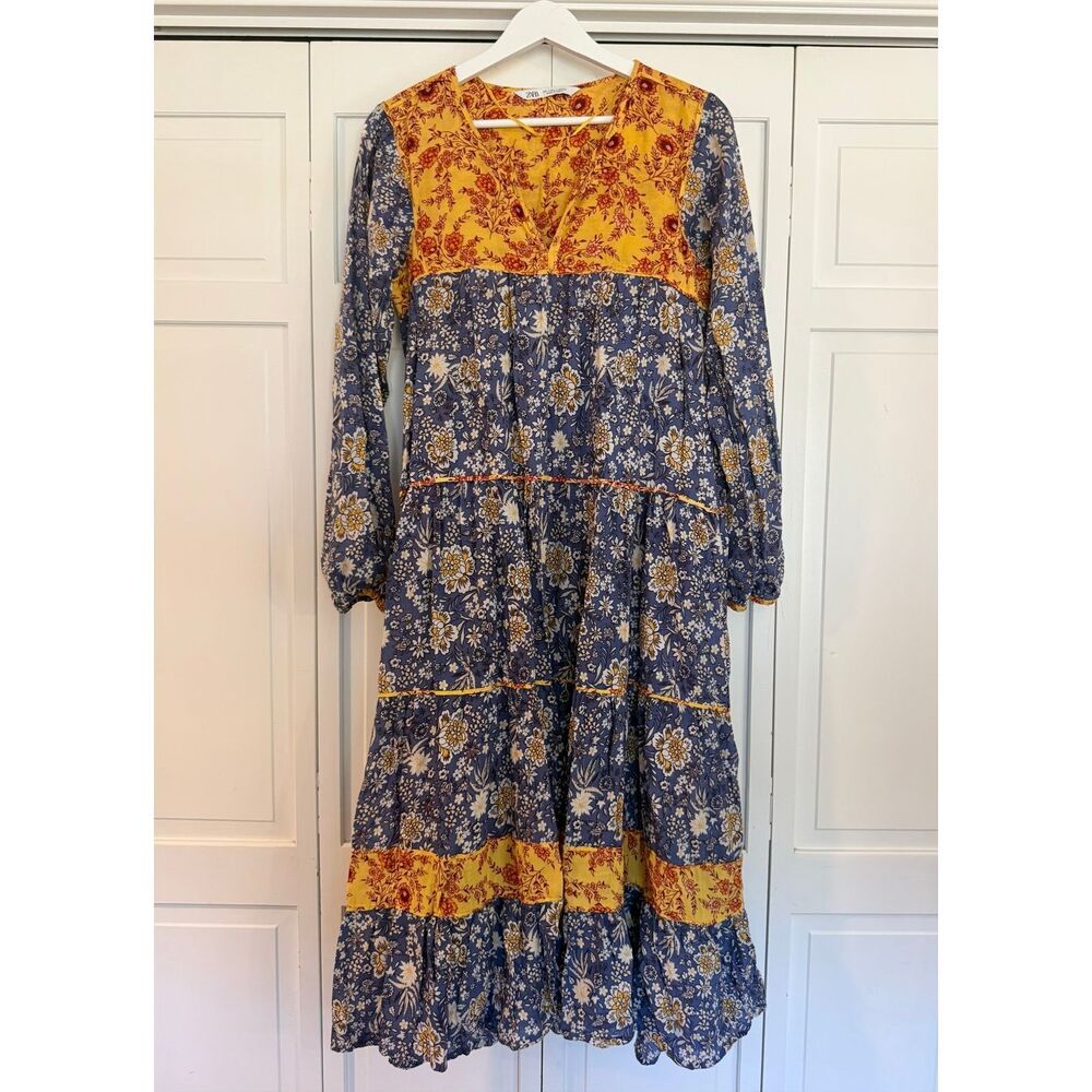 Zara blue and yellow floral peasant swing dress small - Picture 3 of 8
